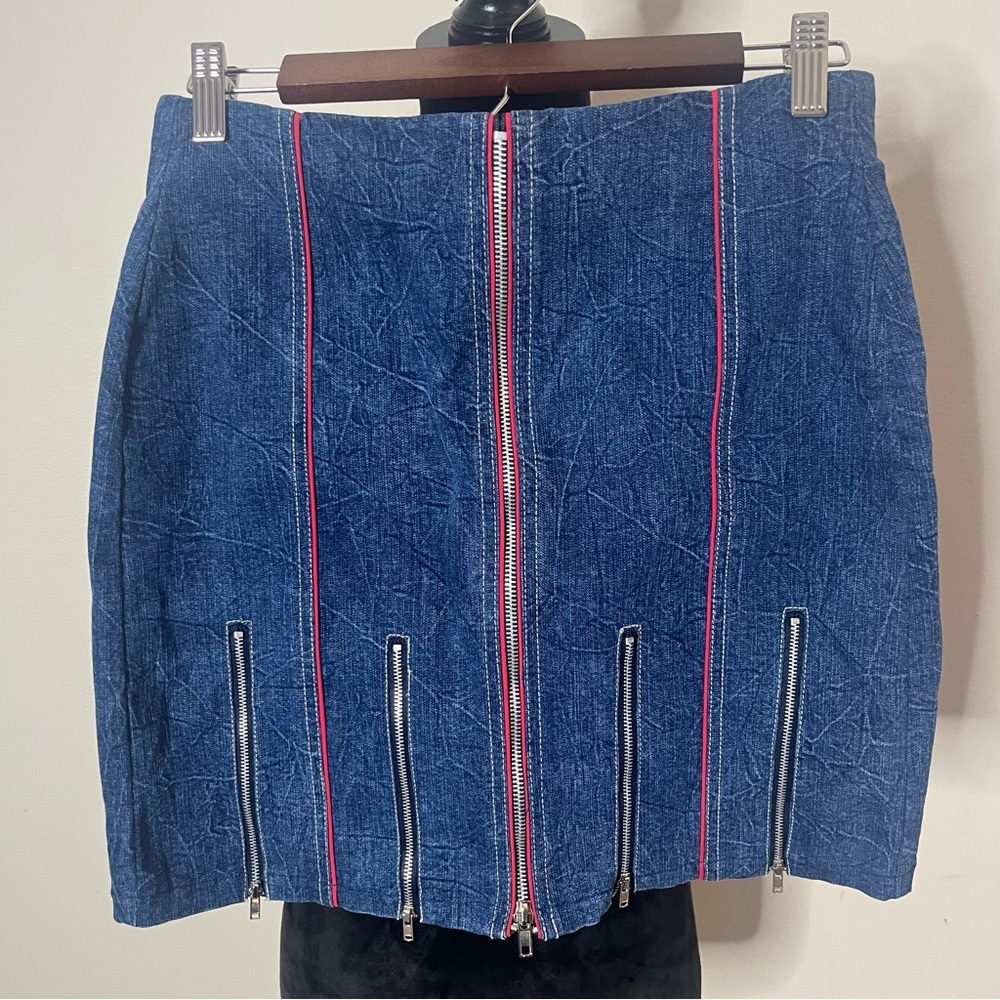 Baby Noiz Women’s Blue Red Stretch Denim‎ Zipper Mini Skirt Sz M